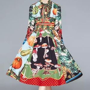 NEW Fruit Vegetable Printing Long Sleeve Bow Waist Vintage Dress